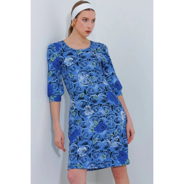 Saks Gül Desenli Midi Elbise 2477