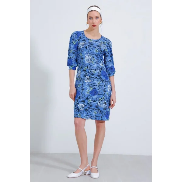 Saks Gül Desenli Midi Elbise 2477