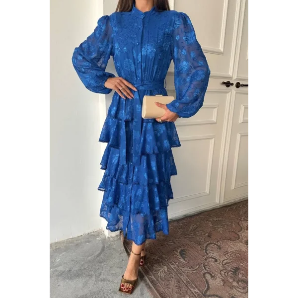 Saks Valonlu Şeritli Kat Kat Elbise