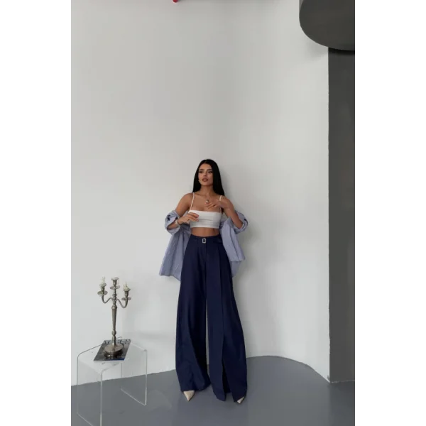 SALAŞ ÖNDEN YIRTMAÇ DETAYLI BEL KEMERLİ PANTOLON - Lacivert