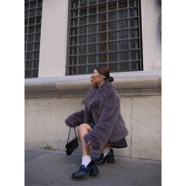 Salaş Sakallı Yumuşak Dokulu Yakalı Cepli Suni Kürk - füme