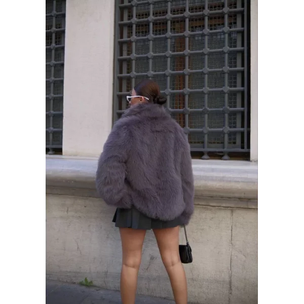 Salaş Sakallı Yumuşak Dokulu Yakalı Cepli Suni Kürk - füme