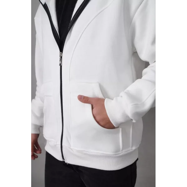 Samuray Kapşonlu ZIP Fermuarlı Çift Kapşonlu Nakışlı SweatShirt- Beyaz