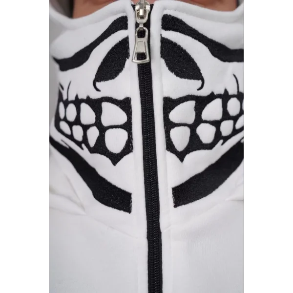 Samuray Kapşonlu ZIP Fermuarlı Çift Kapşonlu Nakışlı SweatShirt- Beyaz
