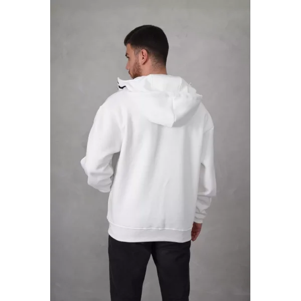 Samuray Kapşonlu ZIP Fermuarlı Çift Kapşonlu Nakışlı SweatShirt- Beyaz