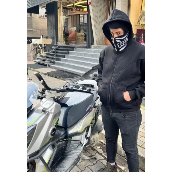 Samuray Kapşonlu ZIP Fermuarlı Çift Kapşonlu Nakışlı SweatShirt- Siyah