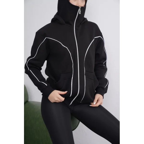 Samuray Kapşonlu ZIP Fermuarlı Çift Kapşonlu Reflektörlü SweatShirt - Siyah