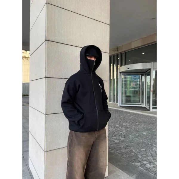 Samuray Kapşonlu ZIP Fermuarlı Kapşonlu SweatShirt - Siyah