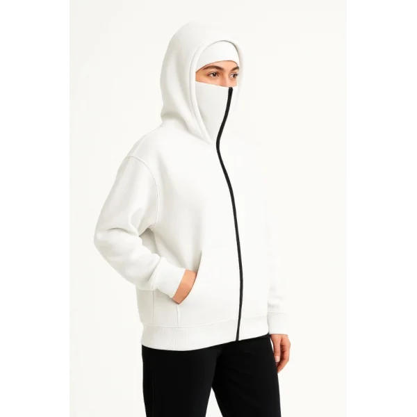 Samuray Ninja Çift Kapşonlu ZIP Fermuarlı Kanguru Çepli Hoodie Maske Detaylı Swetshirt - Beyaz