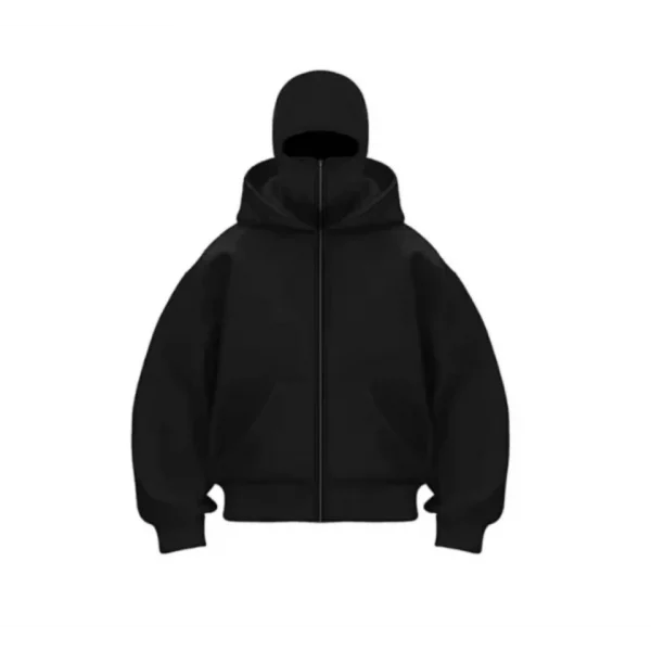 Samuray Ninja Çift Kapşonlu ZIP Fermuarlı Kanguru Çepli Hoodie Maske Detaylı Swetshirt - Siyah