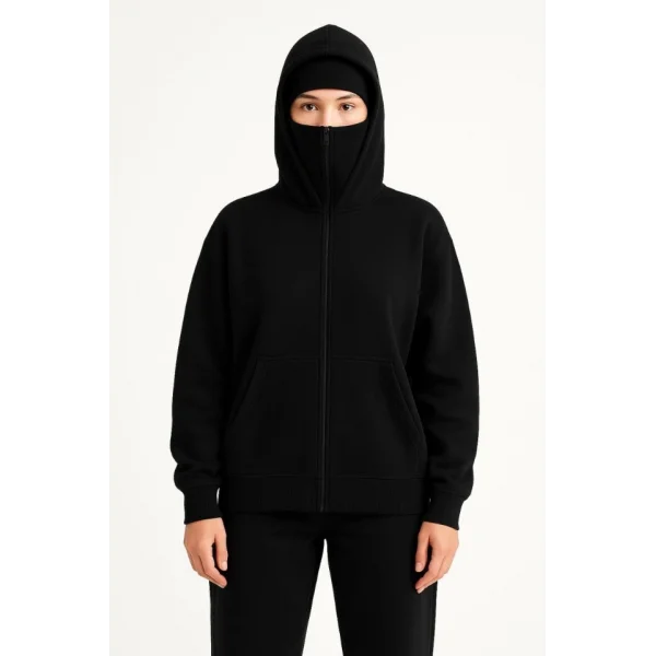 Samuray Ninja Çift Kapşonlu ZIP Fermuarlı Kanguru Çepli Hoodie Maske Detaylı Swetshirt - Siyah