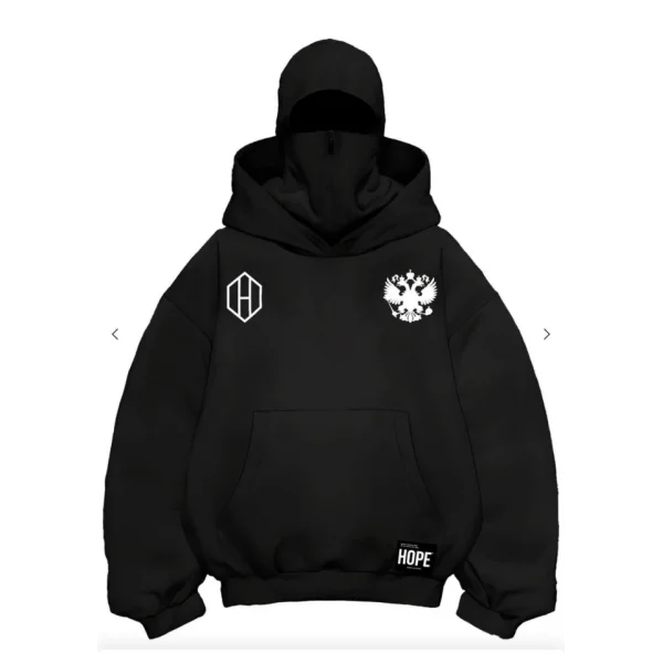 Samuray Ninja Çift Kapşonlu ZIP Fermuarlı Kanguru Çepli Tam Fermuarlı Hoodie ön Ve Arka Baskılı Maske Detaylı Swetshirt - Siyah