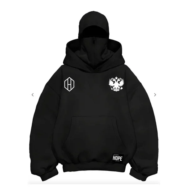 Samuray Ninja Çift Kapşonlu ZIP Fermuarlı Kanguru Çepli Tam Fermuarlı Hoodie ön ve Arka Baskılı Maske Detaylı Swetshirt - Siyah