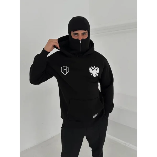 Samuray Ninja Çift Kapşonlu ZIP Fermuarlı Kanguru Çepli Tam Fermuarlı Hoodie ön Ve Arka Baskılı Maske Detaylı Swetshirt - Siyah