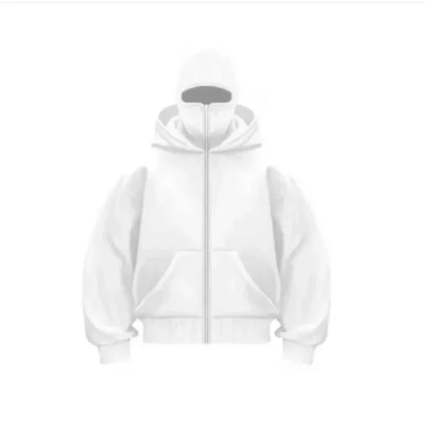 Samuray Ninja Çift Kapşonlu ZIP Fermuarlı Kanguru Çepli Tam Fermuarlı Hoodie Swetshirt - Beyaz