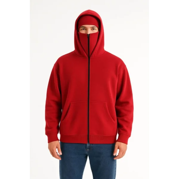 Samuray Ninja Çift Kapşonlu ZIP Fermuarlı Kanguru Çepli Tam Fermuarlı Hoodie Swetshirt - Kırmızı