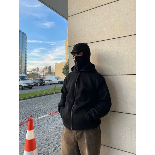 Samuray Ninja Çift Kapşonlu ZIP Fermuarlı Kanguru Çepli Tam Fermuarlı Hoodie Swetshirt - Siyah