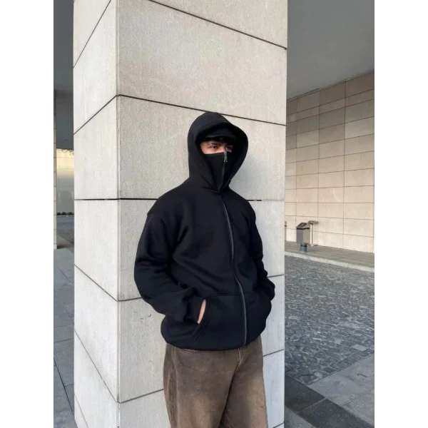 Samuray Ninja Çift Kapşonlu ZIP Fermuarlı Kanguru Çepli Tam Fermuarlı Hoodie Swetshirt - Siyah