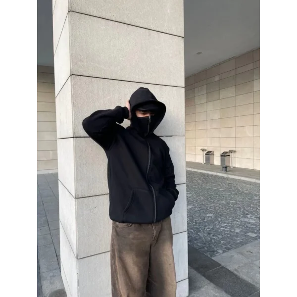 Samuray Ninja Çift Kapşonlu ZIP Fermuarlı Kanguru Çepli Tam Fermuarlı Hoodie Swetshirt - Siyah