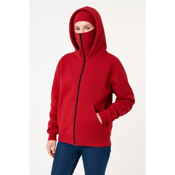 Samuray Ninja Çift Kapüşonlu Kadın Hoodie Oversize Kanguru Cepli, Bahar & Kışlık Fermuarlı Sweatshirt- Kırmızı