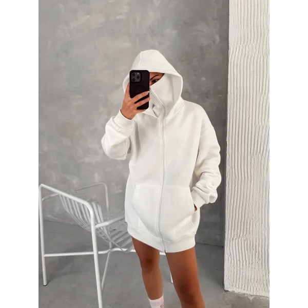 Samuray ZIP Fermuarlı Kapüşonlu SweatShirt- Beyaz