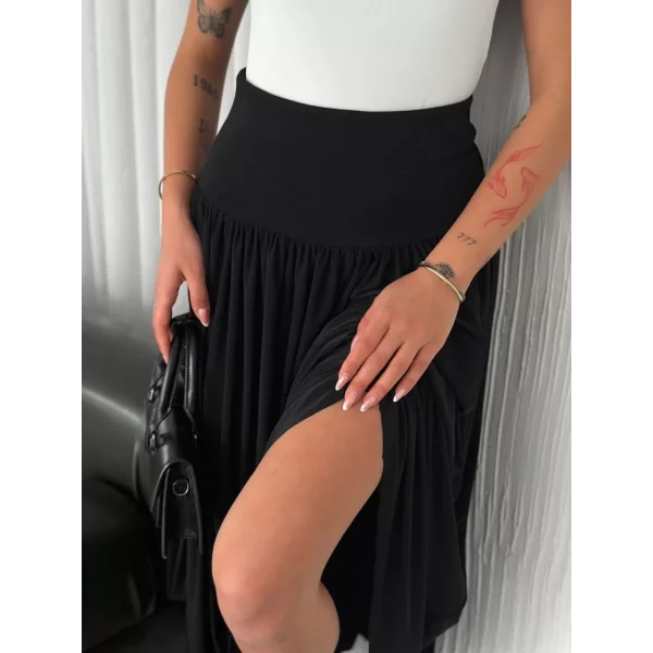 Sandy Uzun Beli Lastikli Yüksel Bel Etek Yazlık - Siyah