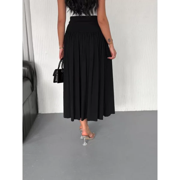 Sandy Uzun Beli Lastikli Yüksel Bel Etek Yazlık - Siyah