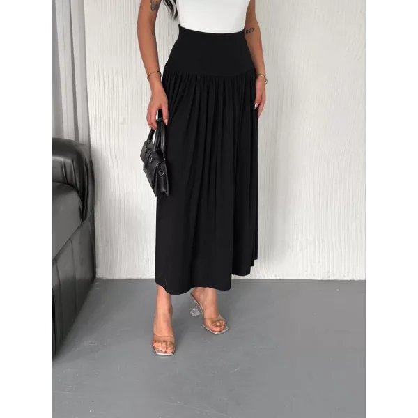Sandy Uzun Beli Lastikli Yüksel Bel Etek Yazlık - Siyah
