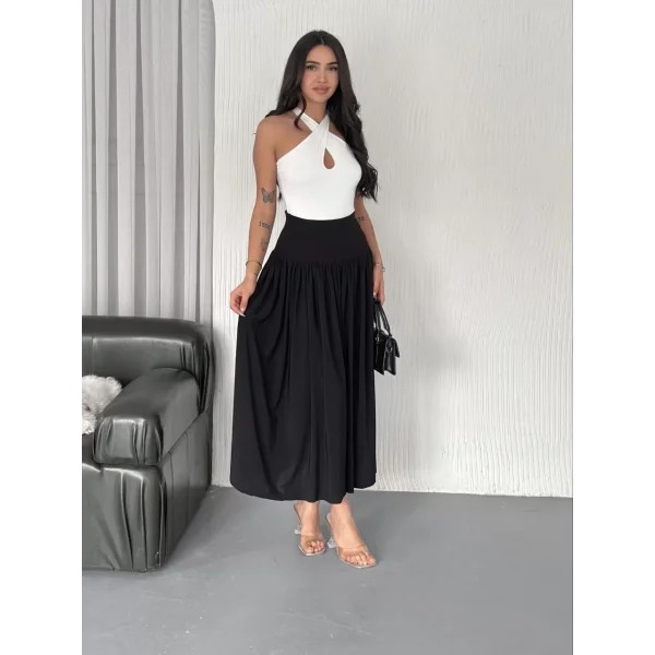 Sandy Uzun Beli Lastikli Yüksel Bel Etek Yazlık - Siyah