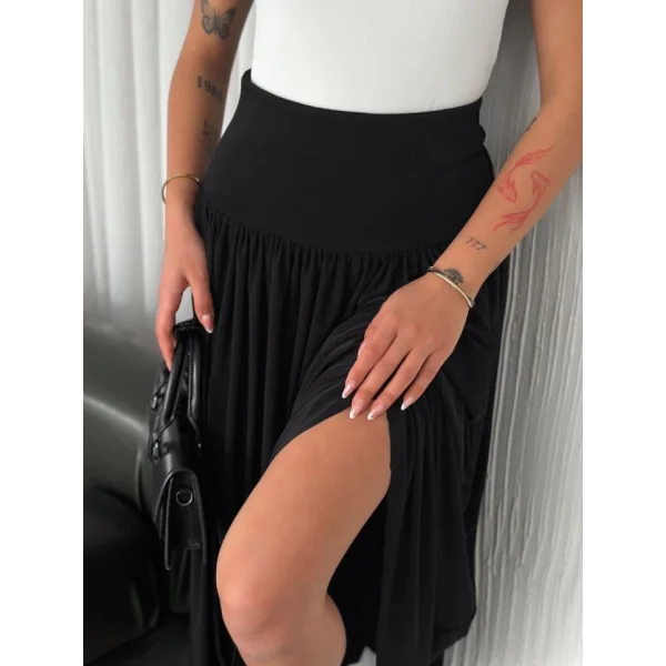 Sandy Uzun Yüksel Bel Etek - Siyah