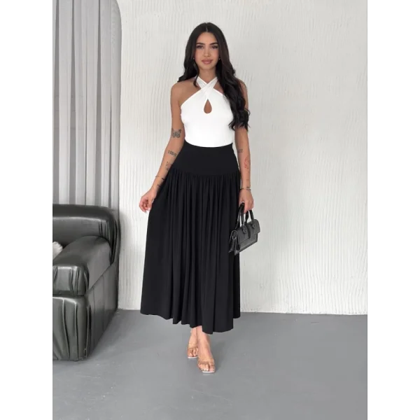 Sandy Uzun Yüksel Bel Etek - Siyah