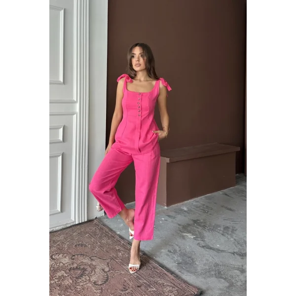 ŞANTUK KETEN YELEK GÖRÜNÜMLÜ  ASKILI BLUZ - PANTOLON TK - Fuşya