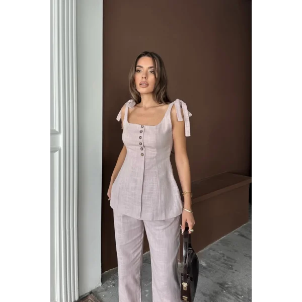 ŞANTUK KETEN YELEK GÖRÜNÜMLÜ  ASKILI BLUZ - PANTOLON TK - Lila