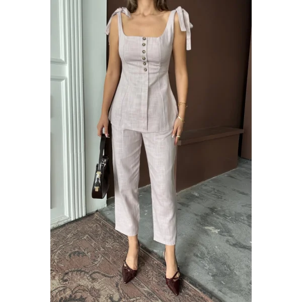 ŞANTUK KETEN YELEK GÖRÜNÜMLÜ  ASKILI BLUZ - PANTOLON TK - Lila