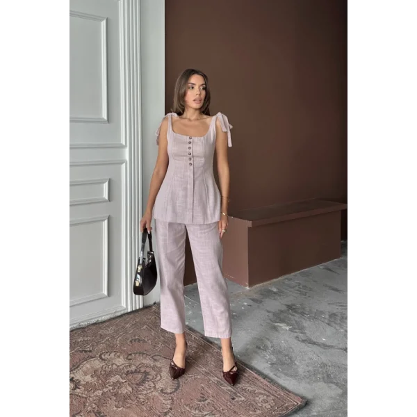 ŞANTUK KETEN YELEK GÖRÜNÜMLÜ  ASKILI BLUZ - PANTOLON TK - Lila