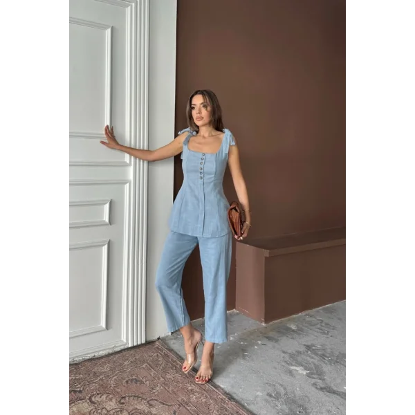 ŞANTUK KETEN YELEK GÖRÜNÜMLÜ  ASKILI BLUZ - PANTOLON TK - Mavi