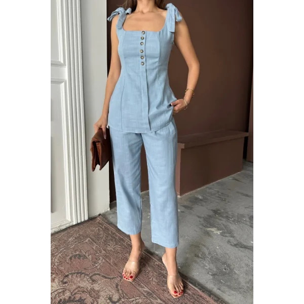 ŞANTUK KETEN YELEK GÖRÜNÜMLÜ  ASKILI BLUZ - PANTOLON TK - Mavi