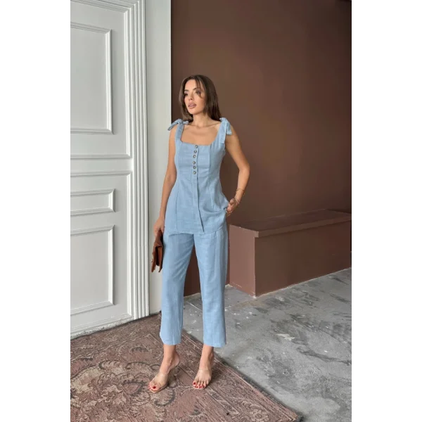ŞANTUK KETEN YELEK GÖRÜNÜMLÜ  ASKILI BLUZ - PANTOLON TK - Mavi