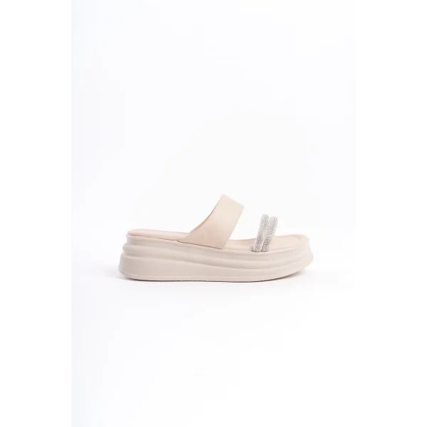 SARAH Düz Topuklu Taşlı Şeritli Kalın ve Ortopedik Taban Kadın Terlik  CKT - Krem