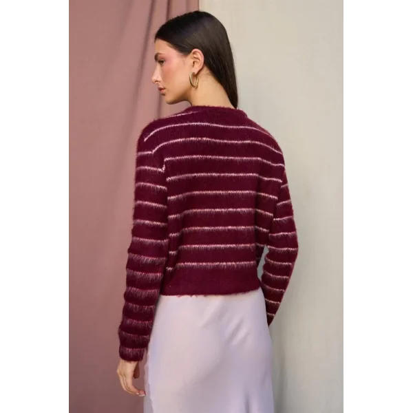 Şardonlu İnce Çizgili Hırka - Bordo-Vanilya