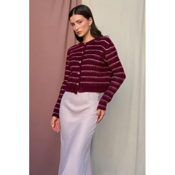 Şardonlu İnce Çizgili Hırka - Bordo-Vanilya