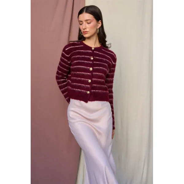 Şardonlu İnce Çizgili Hırka - Bordo-Vanilya