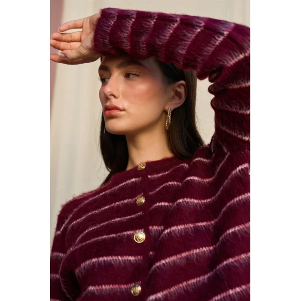 Şardonlu İnce Çizgili Hırka - Bordo-Vanilya