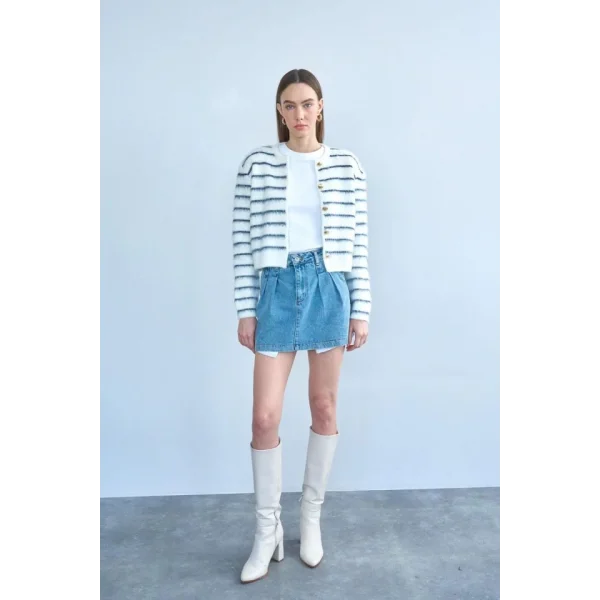 Şardonlu İnce Çizgili Hırka - Kemik-Lacivert