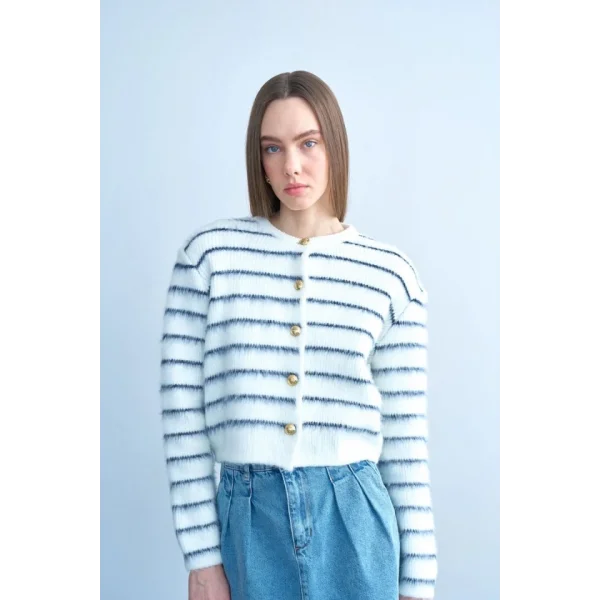 Şardonlu İnce Çizgili Hırka - Kemik-Lacivert