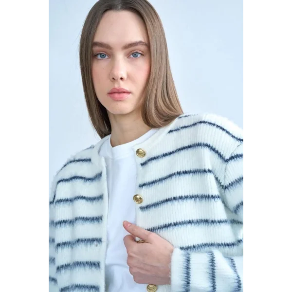 Şardonlu İnce Çizgili Hırka - Kemik-Lacivert