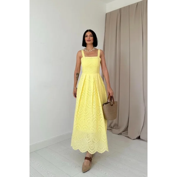 Sarı Askılı Aparatlı Brode Elbise