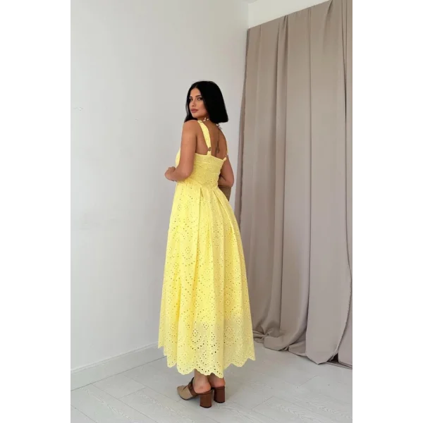 Sarı Askılı Aparatlı Brode Elbise