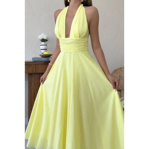 Sarı Askılı Keten Elbise