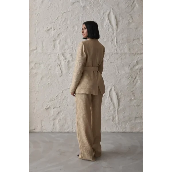 Sarı Beli Kuşaklı Ceket Ve Pantolon Parlak Takım